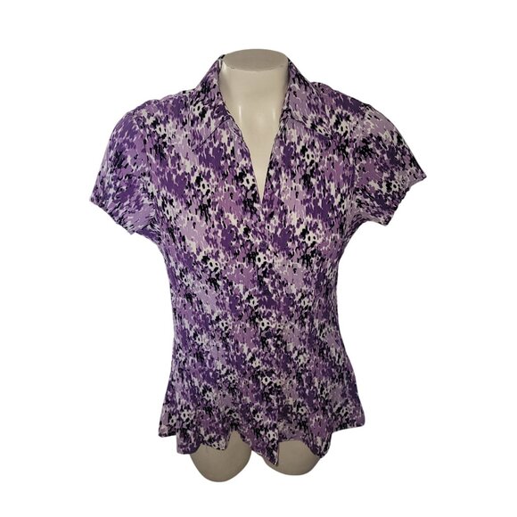 APT. 9 Womens Purple Patterned Short-Sleeve Collared Blouse With Asymmetrical He - Picture 1 of 5